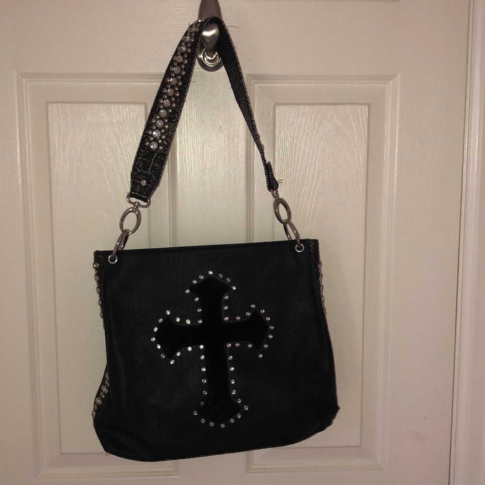 Rhinestone black leather and furry cross purse